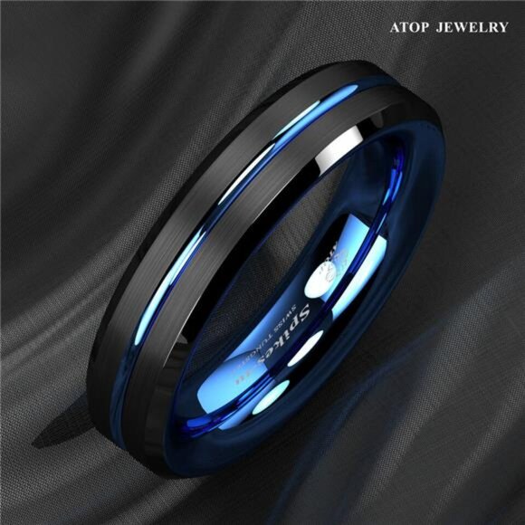 Men's Wedding Band 6mm Blue Line Black Brushed Ring for Men and Women - Picture 6 of 6